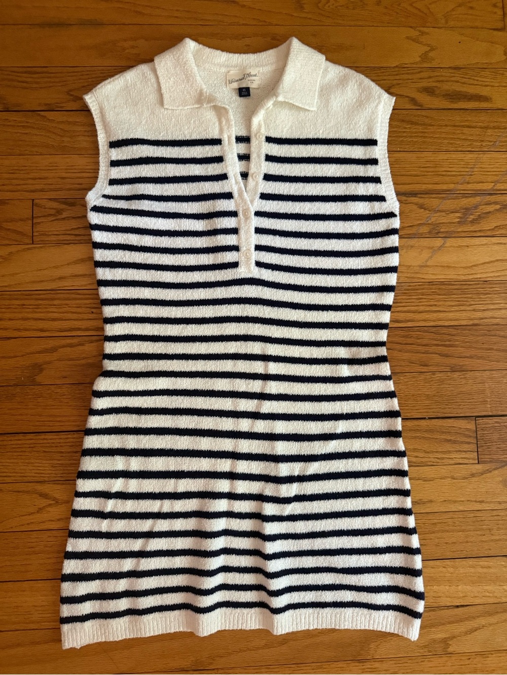 Universal Thread Sleeveless Polo Knit Dress in White and Navy Stripes